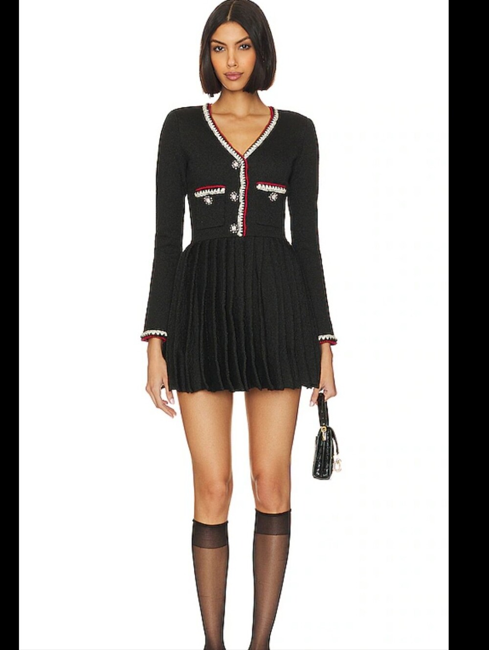 NEW SELF PORTRAIT Pleated Skirt Knit Mini Dress Black Womens Size Medium